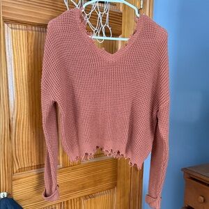 moon & madison V-Neck Distressed Sweater - Mauve